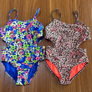 NWOT Floral and GUC Leopard Print BUC-EE’s Swim One Piece w/ cutout design